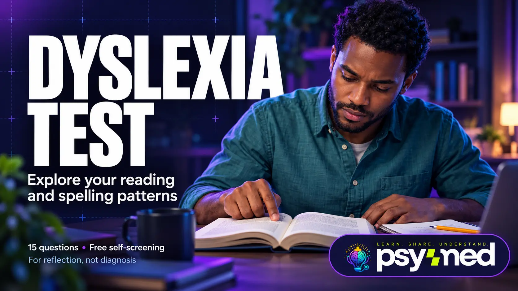 Dyslexia test featured image showing an adult carefully reading a book and following the text with his finger