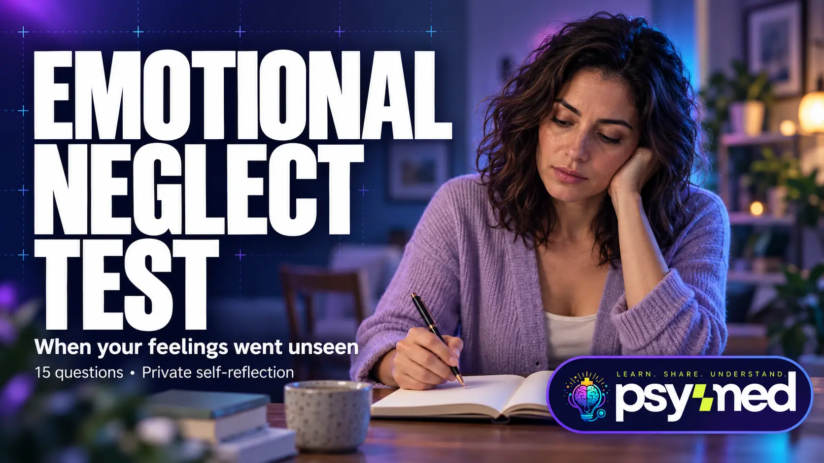 Emotional Neglect Test banner showing a woman pausing over a blank journal, reflecting difficulty expressing her feelings