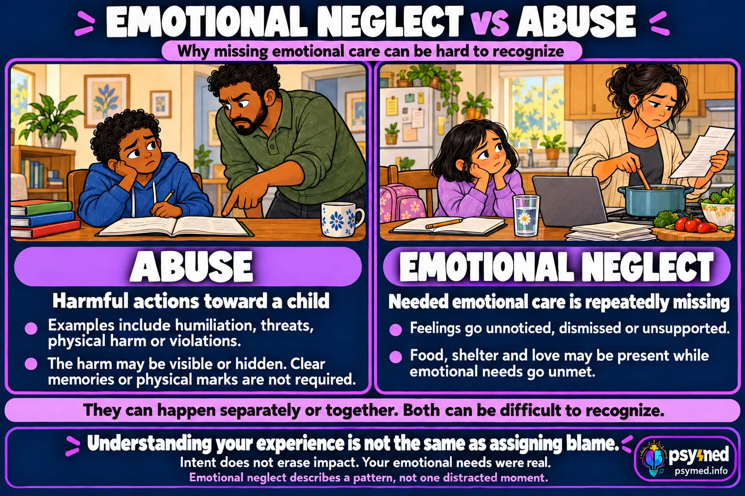 Emotional neglect vs abuse infographic comparing missing emotional care with harmful actions, showing why both can be difficult to recognize