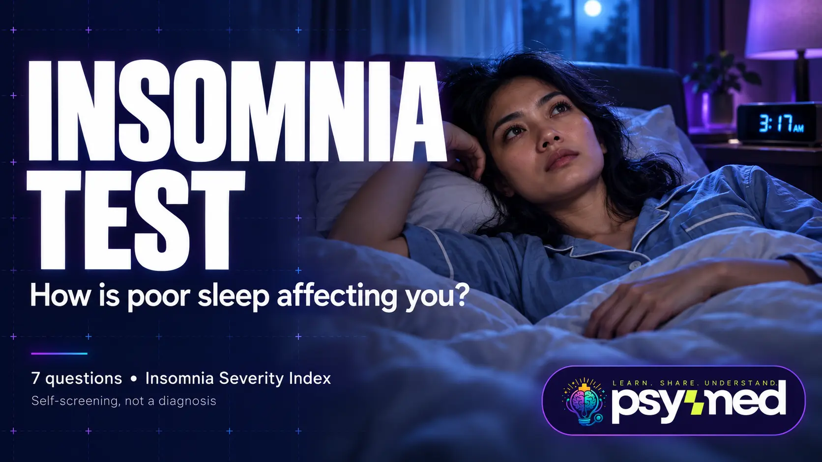 Insomnia test featured image showing a woman lying awake in bed beside a clock displaying 3:17 a.m.