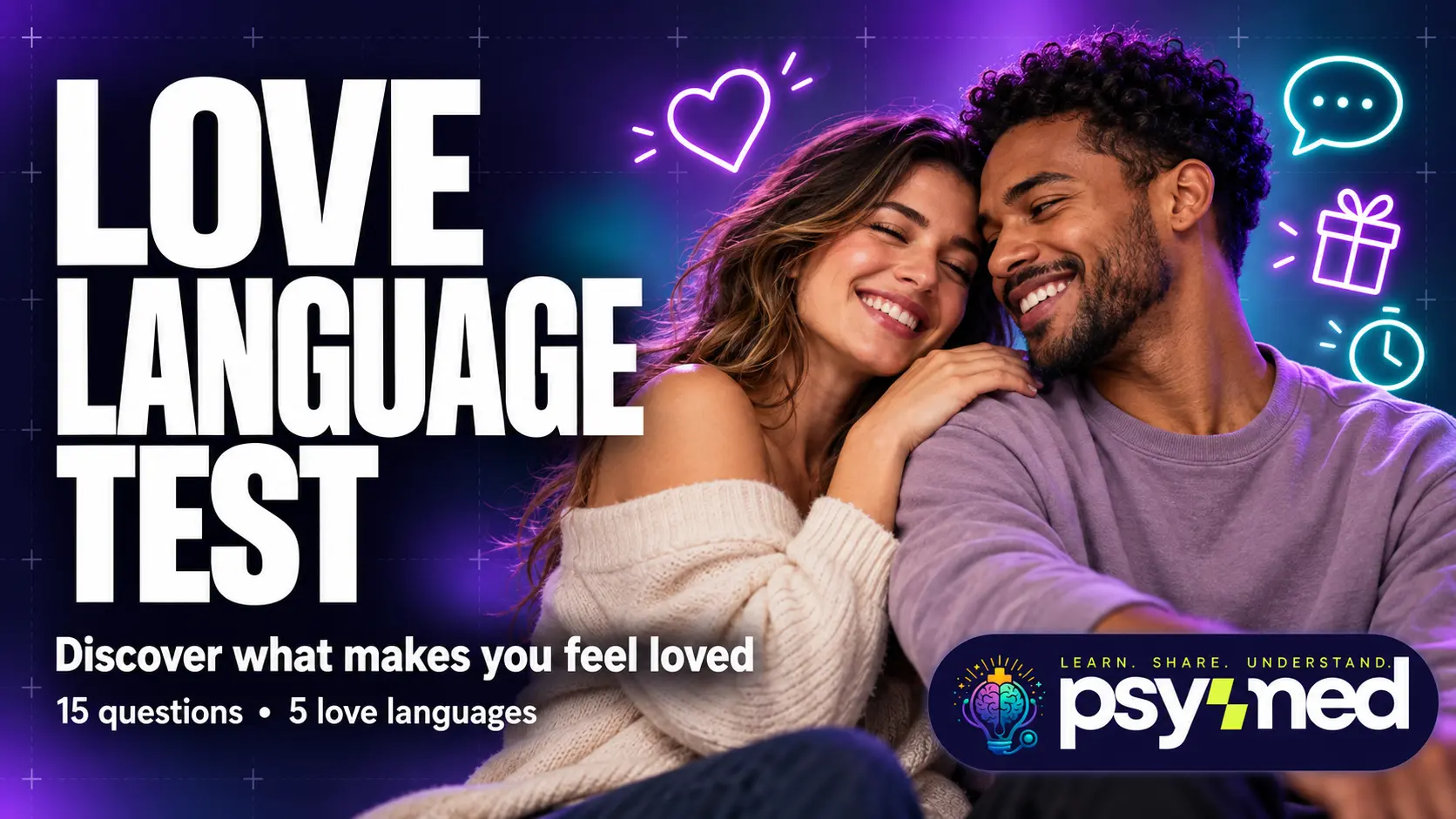 Love Language Test banner featuring a smiling couple with heart, conversation, gift, and clock symbols