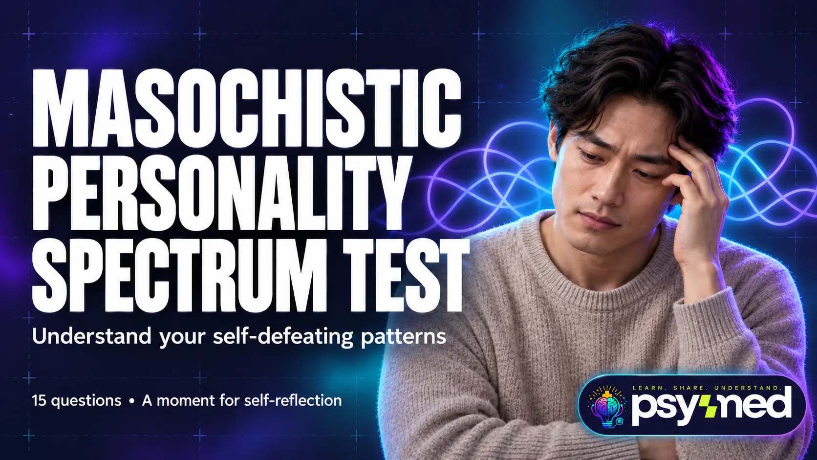 Masochistic Personality Spectrum Test banner showing a worried man resting his hand against his temple