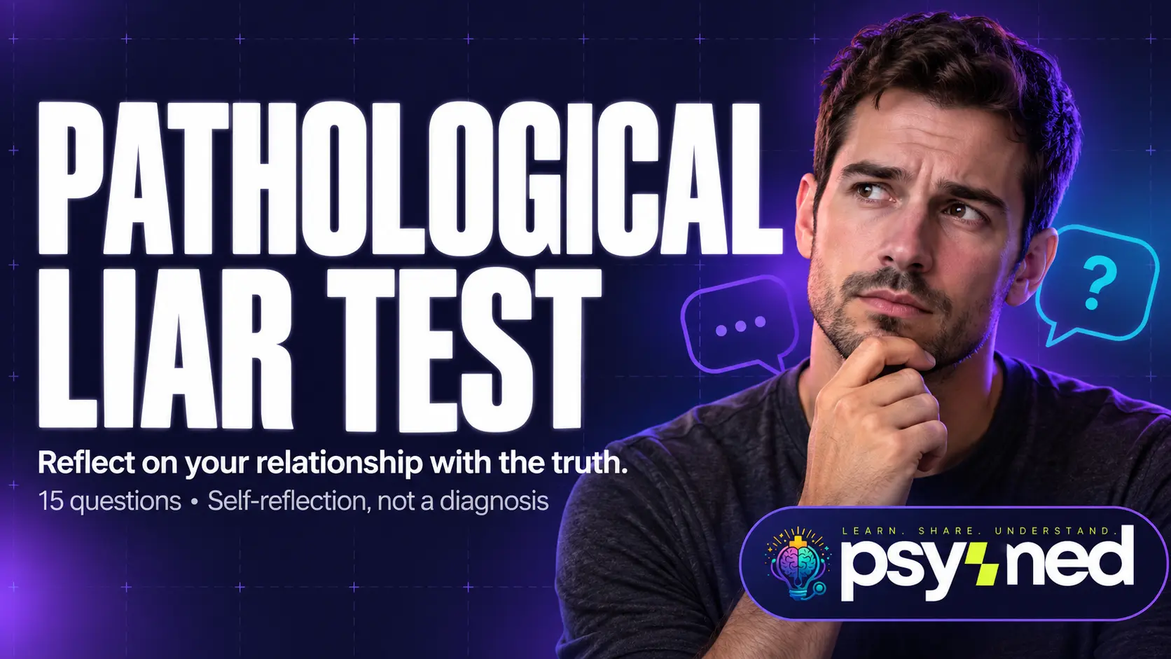 Pathological liar test banner featuring a thoughtful man and speech bubbles about honesty and self-reflection