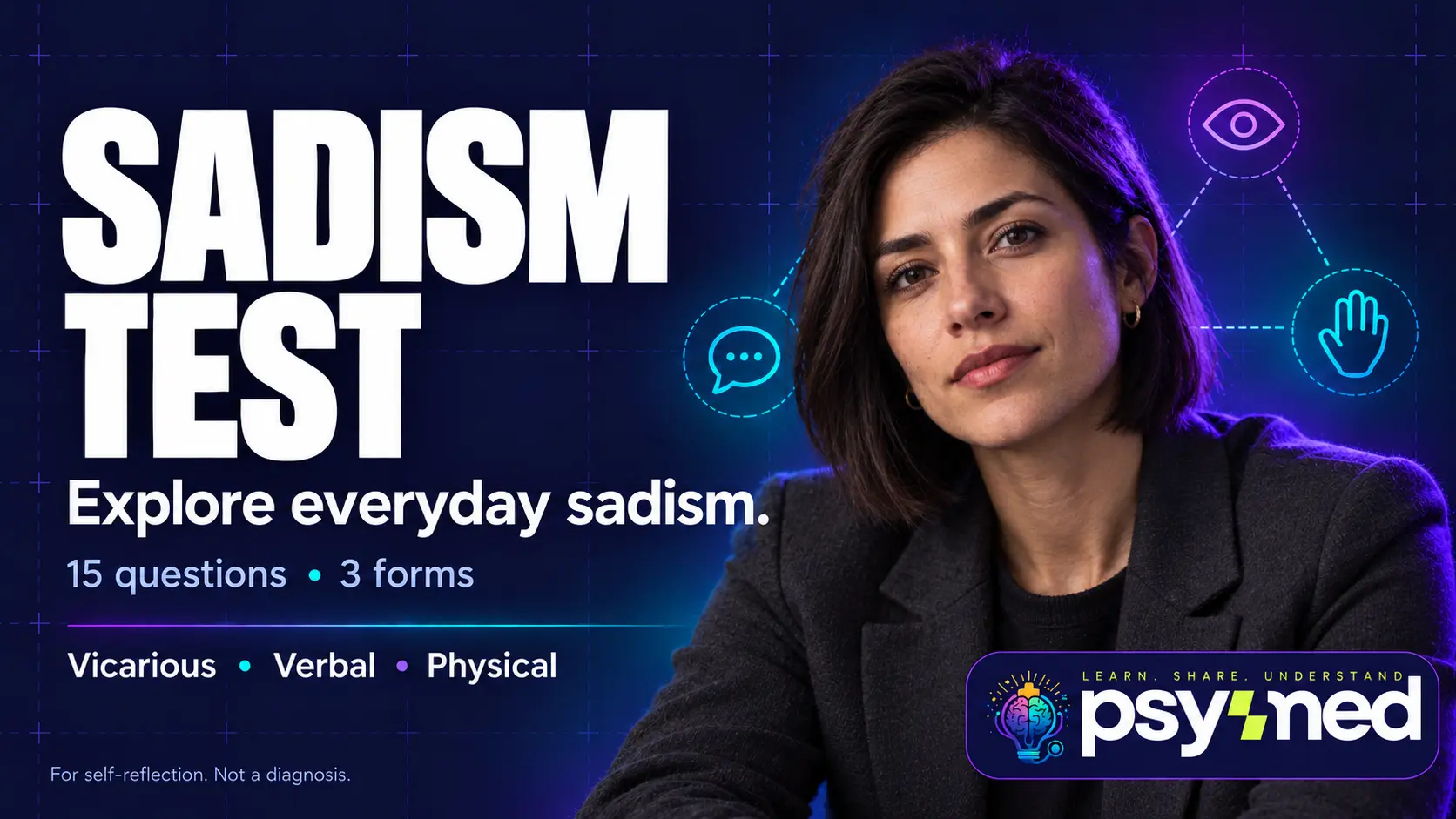 PsyMed Sadism Test featured image with a thoughtful woman and icons representing three forms of everyday sadism