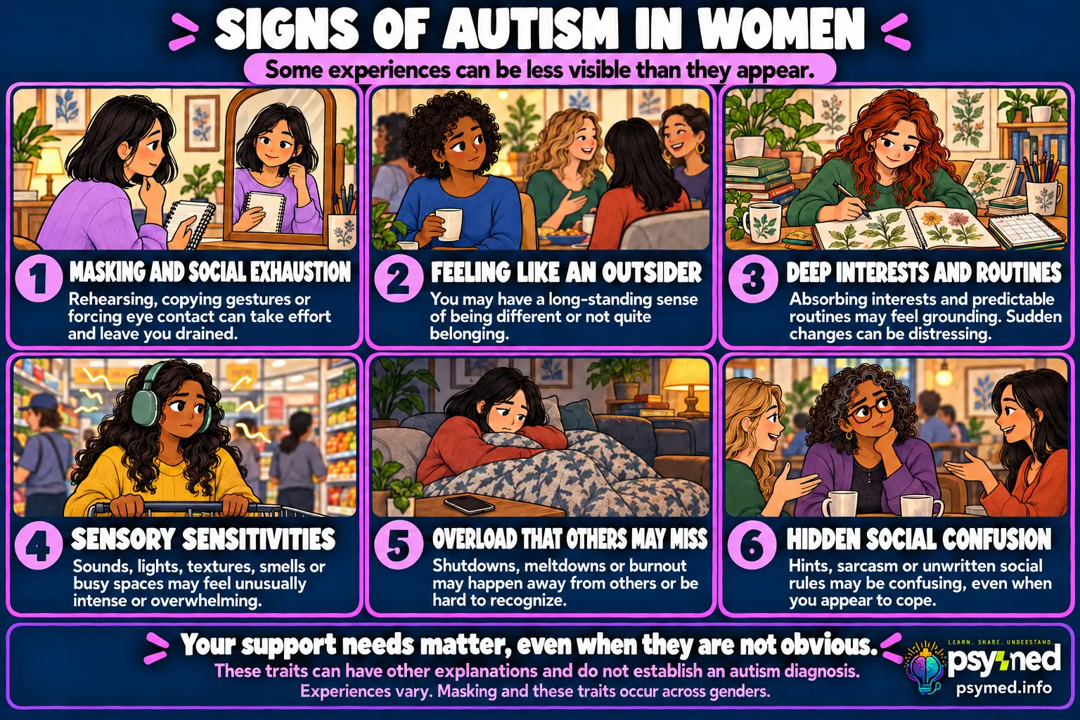 Infographic about signs of autism in women: masking, feeling like an outsider, deep interests and routines, sensory sensitivities, hidden overload, and social confusion