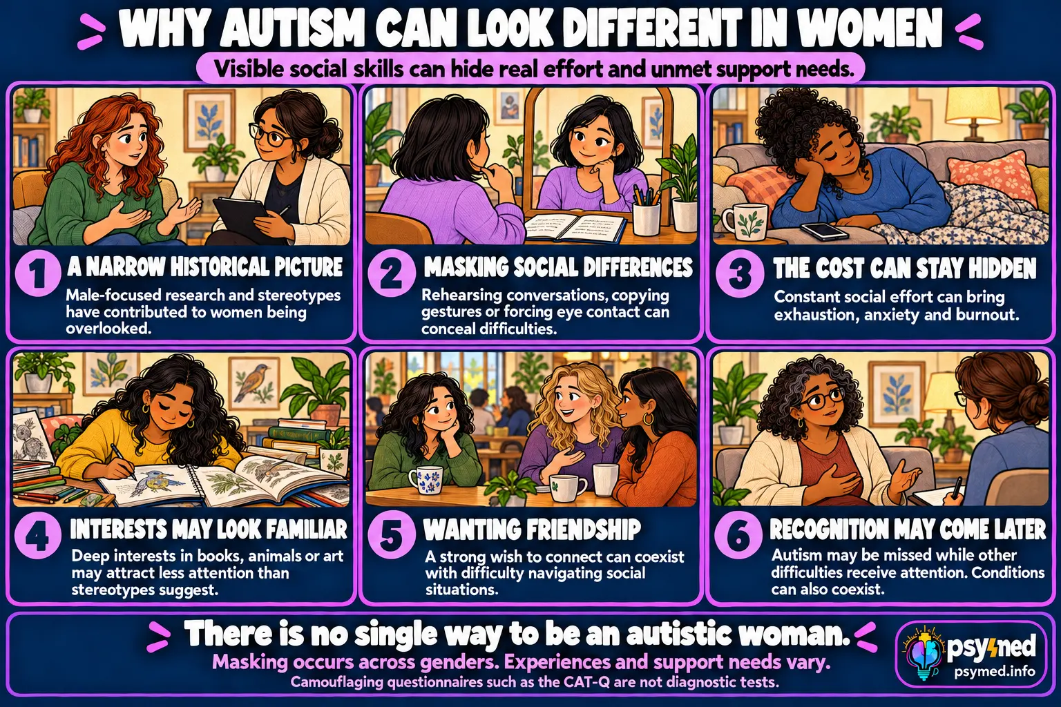 Why autism can look different in women, showing masking, social exhaustion, intense interests, friendship challenges, and later recognition